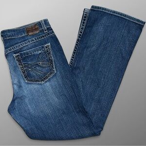 BKE Drew Bootcut Jeans Sz 32x33.5 Medium Wash Stretch Thick Stitch Buckle